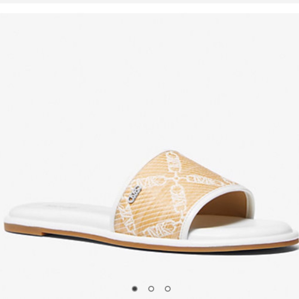New🤍💛Michael Kors Saylor Empire Logo Jacquard Straw Slide Sandal